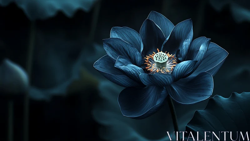 Midnight blue lotus glowing softly in a tranquil dreamscape.