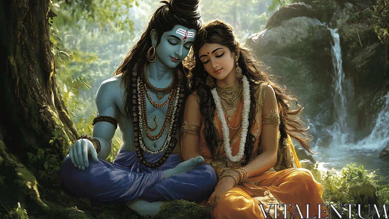 Divine couple in forest beside waterfall, serene devotion.