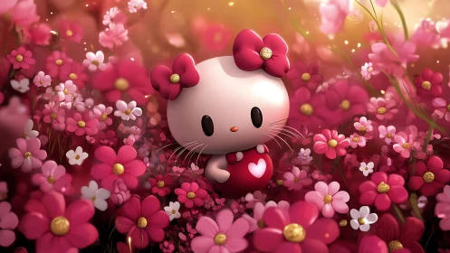 Cute white kitten in luminous pink blossom meadow at dusk.