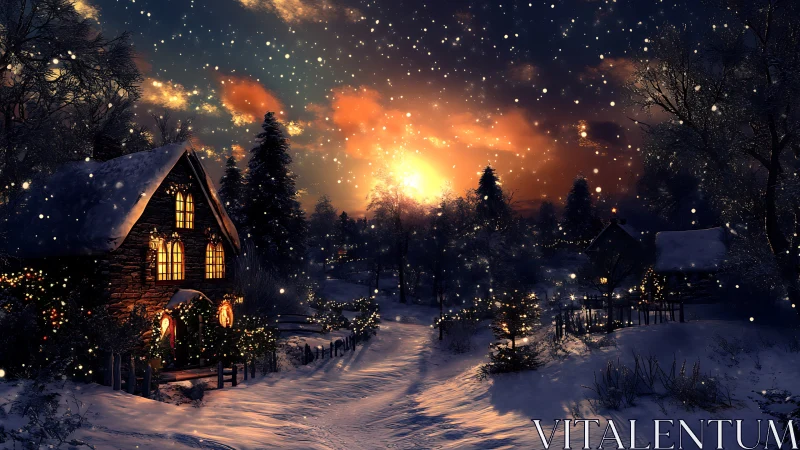 Snowy cottage at dusk with glowing windows and snowfall.