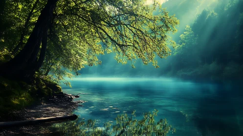 Misty forest river canyon with cascading light through dense canopy