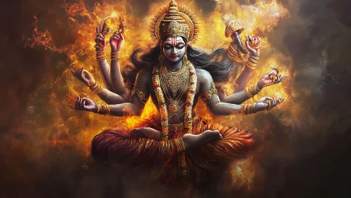 Fiery multi-armed Hindu goddess in ornate gold regalia