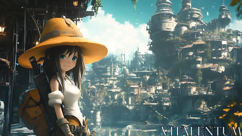 Anime explorer girl before towering sci fi terraced megastructure