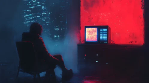 Solitary hooded figure facing glowing monitor in dark room.