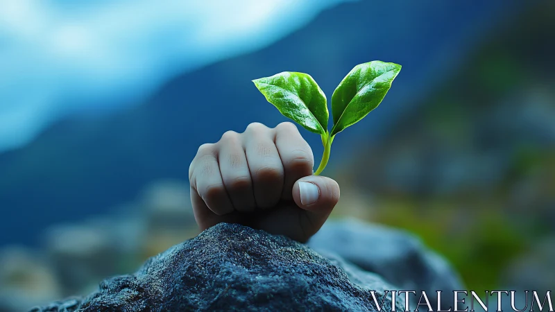 Human hand gripping rock with sprouting plant, nature resilience theme.