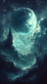 Moonfall over the drowned spires of a twilight abyss.