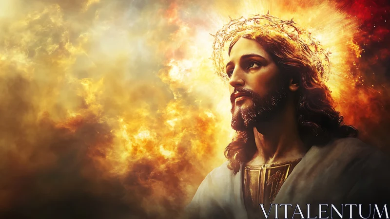 Haloed robed figure against luminous cloud background.