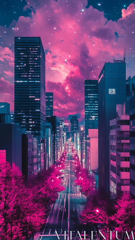 Neon boulevard stitches a pink galaxy above midnight towers