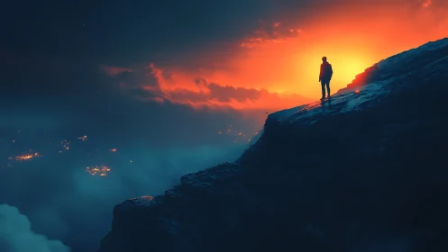 Silhouetted figure stands on cliff edge before burning sunrise