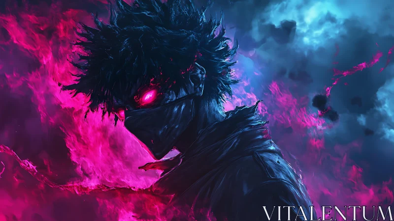 Masked figure with neon flames in dual-color environment.