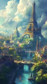 Dreamlike Eiffel skyline above luminous river bridges.