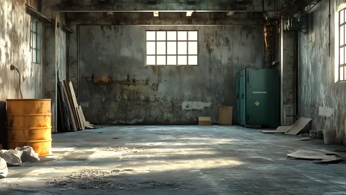 Interior view shows an empty, worn industrial warehouse space
