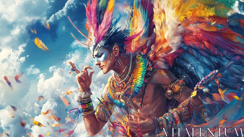 Winged shaman prince rises in radiant sky of swirling color.