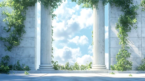 Sunlit neoclassical marble colonnade with ivy and sky portal