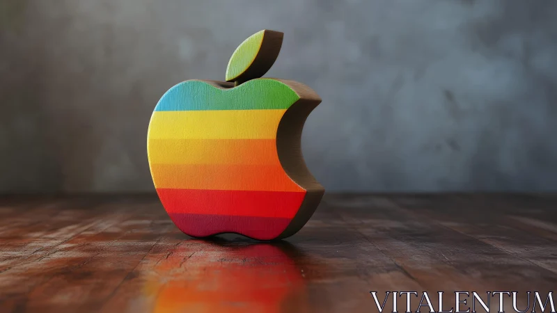 Retro rainbow apple logo sculpture on wooden table, realistic style.