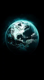 Electric midnight Earth hums softly in turquoise eclipse