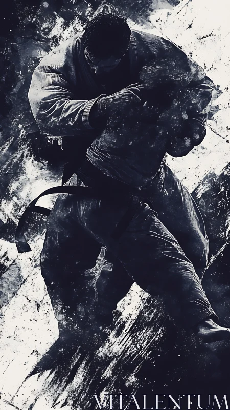 Martial artists grapple amid dynamic monochrome splashes.
