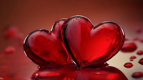 Two luminous red glass hearts intertwine on reflective surface