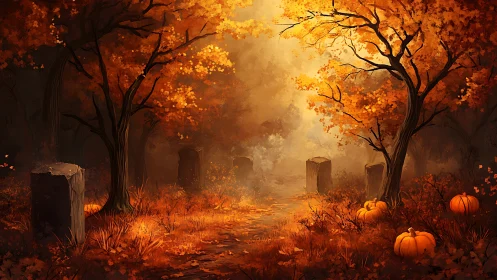 Autumn graveyard pathway under cinematic golden backlight.