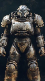Heavily weathered armored exosuit stands in frontal view