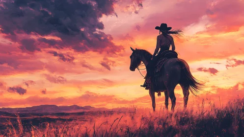 Rider on horseback observes distant terrain at sunset sky
