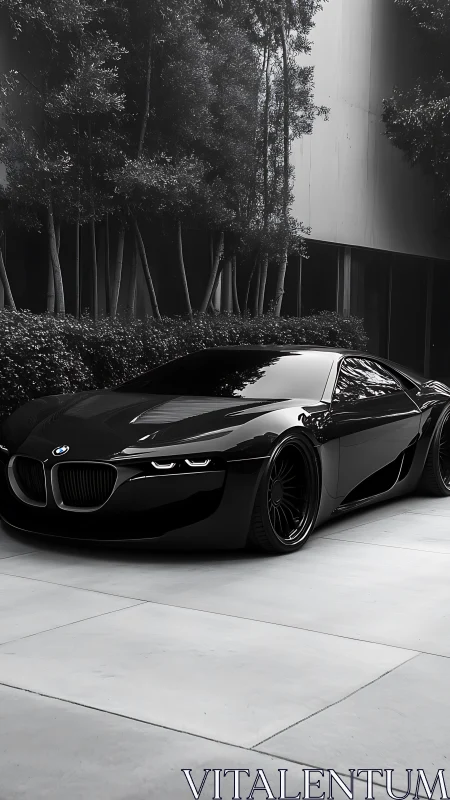 Black BMW concept car is parked beside modern building