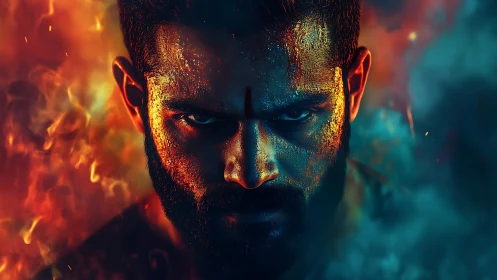 Warrior face emerges through fire and smoke, eyes blazing.