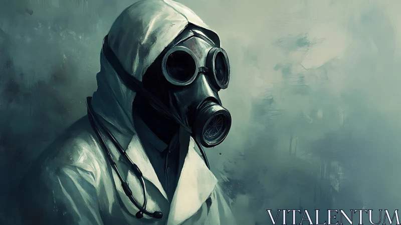 Hazmat-suited medical figure wears gas mask and stethoscope