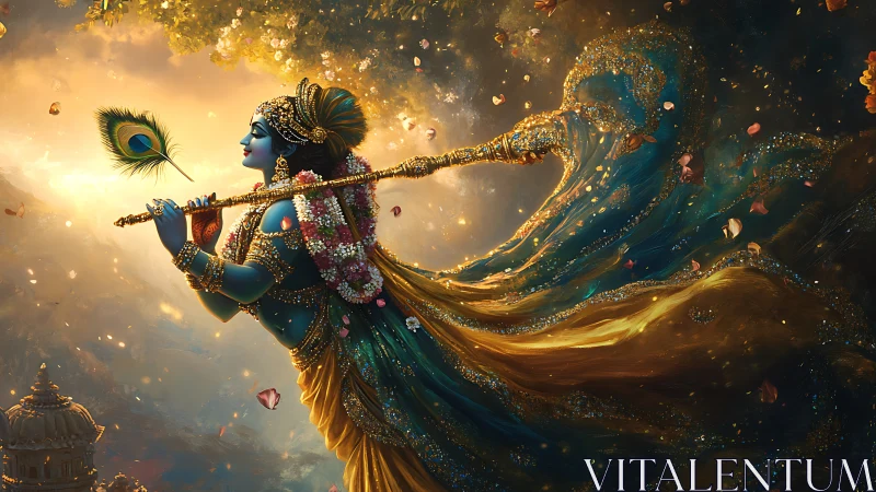 Divine blue figure in jeweled drapery strides through golden light