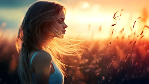 Side-lit profile portrait in wheat field at sunset glow