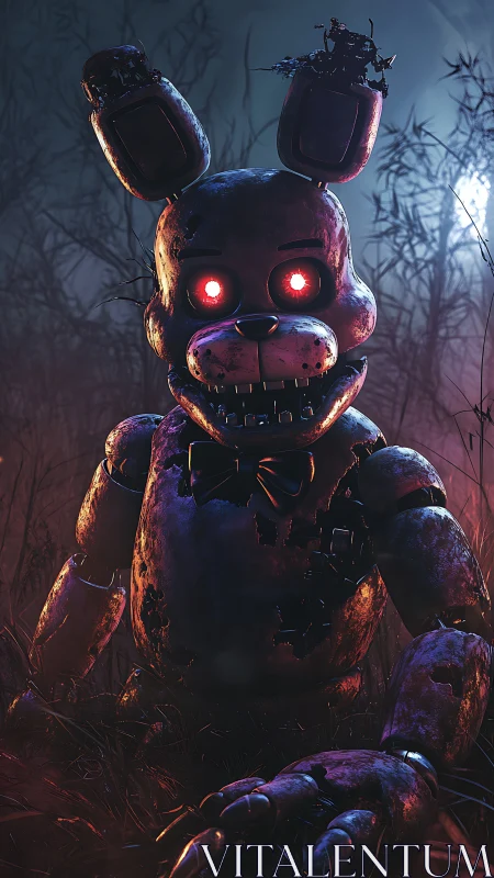 Rusty nightmare bunny glows with eerie red moonlit menace.