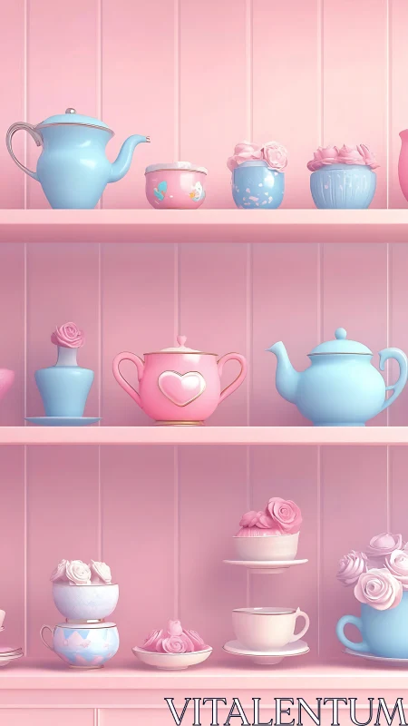 Pastel tea shelf of rosy cups, candy pots, and quiet charm.