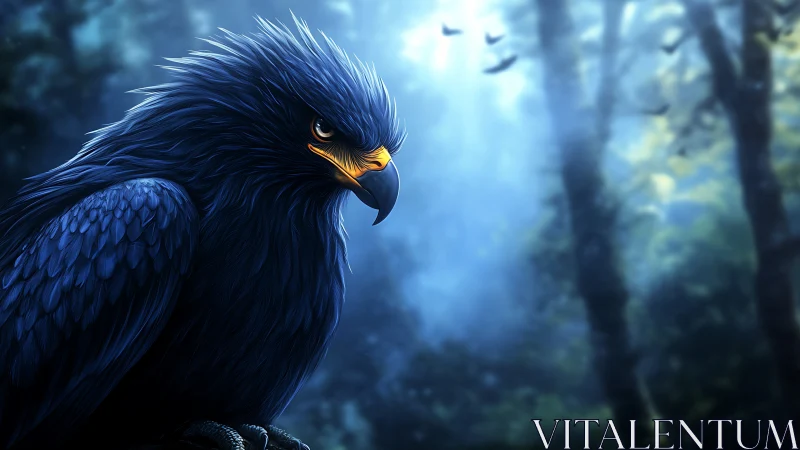 Majestic blue eagle in mystical forest, digital fantasy artwork.