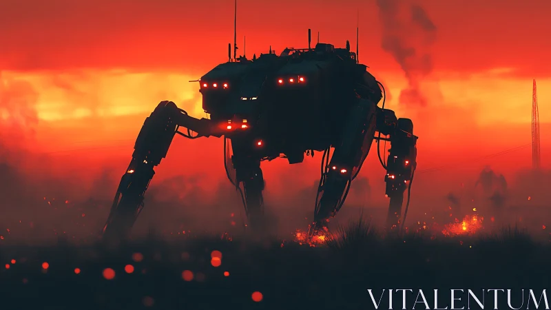 Quadruped combat mech advances through smoky, ember lit wasteland