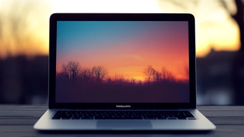 Laptop window catching a quiet sunset beyond the screen.