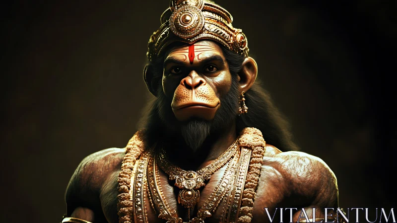 Simian humanoid figure in ornate gold ceremonial regalia.