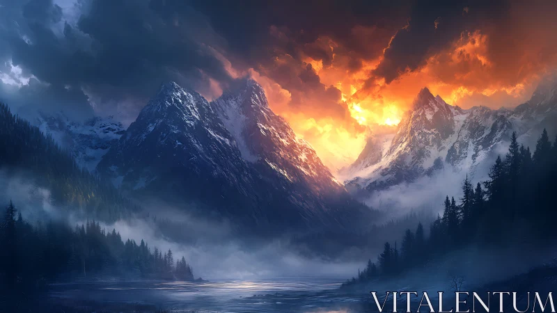 Volumetric sunset ignites alpine peaks above misted conifer valley