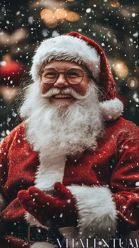 Joyful Santa in softly falling Christmas snow.