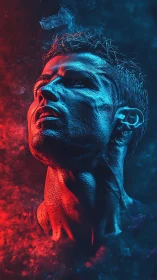 Bicolor rim-lit male portrait merges sculpted form and smoke