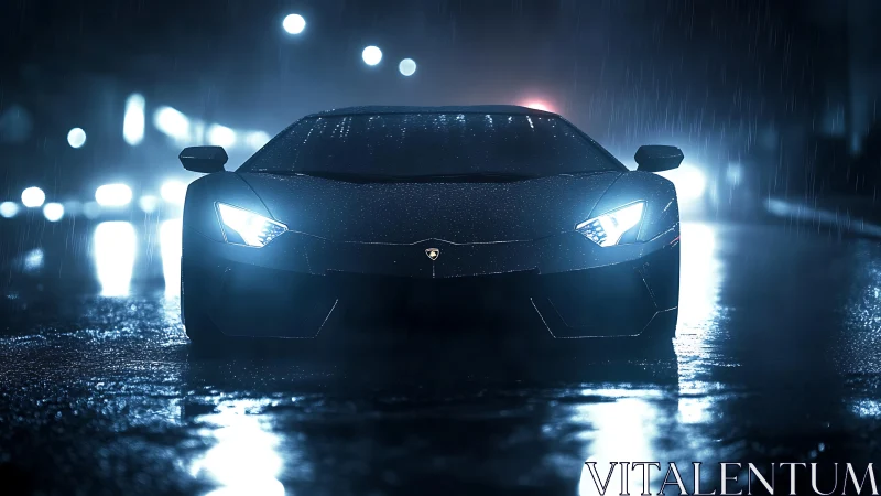 Low-angle hypercar portrait in cinematic nocturnal rainfall