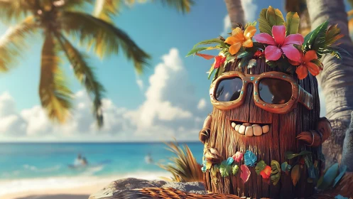Anthropomorphic Tropical Sentinel: Rendered Wood Character in Island Tableau.
