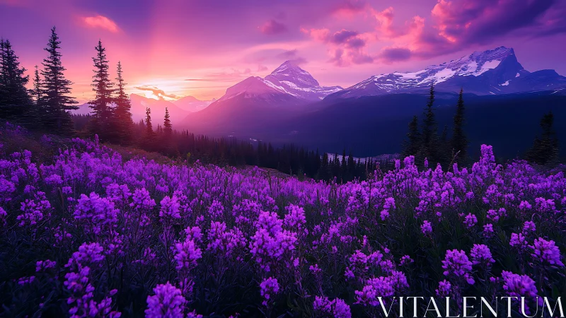 Purple wildflower meadow under vivid alpine sunset sky.