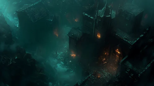 Foggy gothic alleyway lit by secretive amber windows.