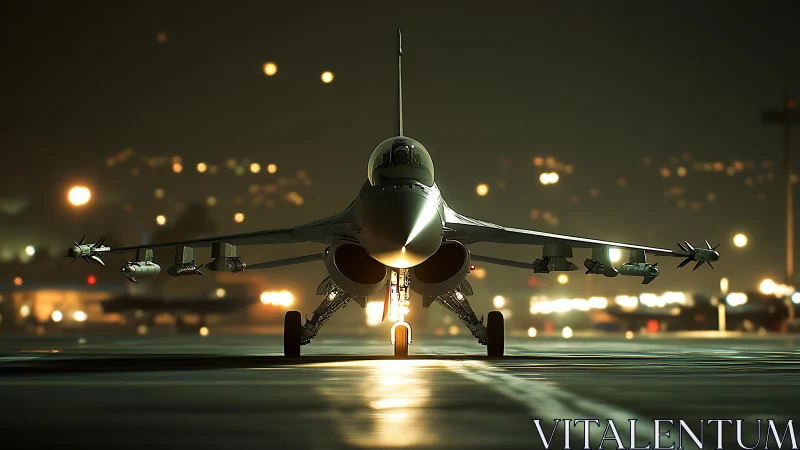 Military jet fighter stands on runway under night lighting