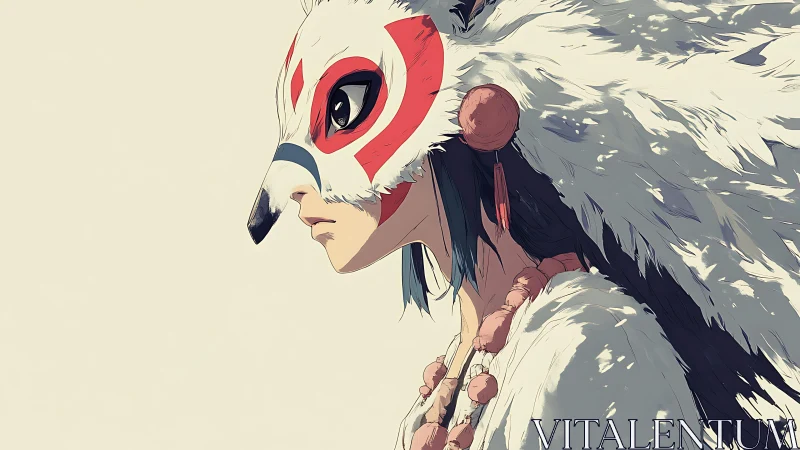 Profile view of masked figure in feathered white cloak.