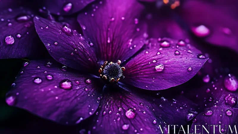 Purple Flower with Water Droplets in Macro Detail.