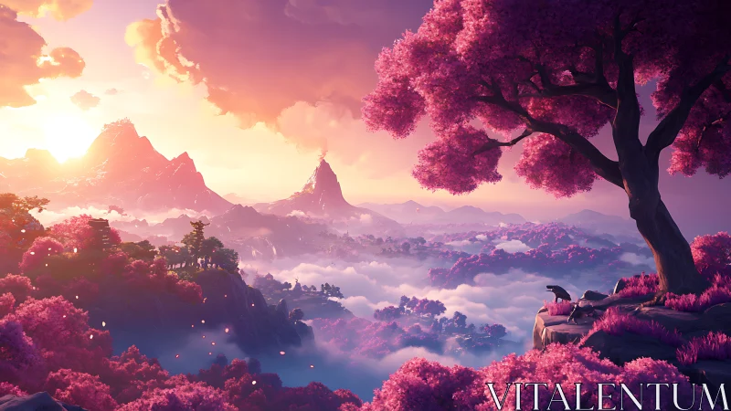 Digital painting of ethereal pink valley with sunset vista.