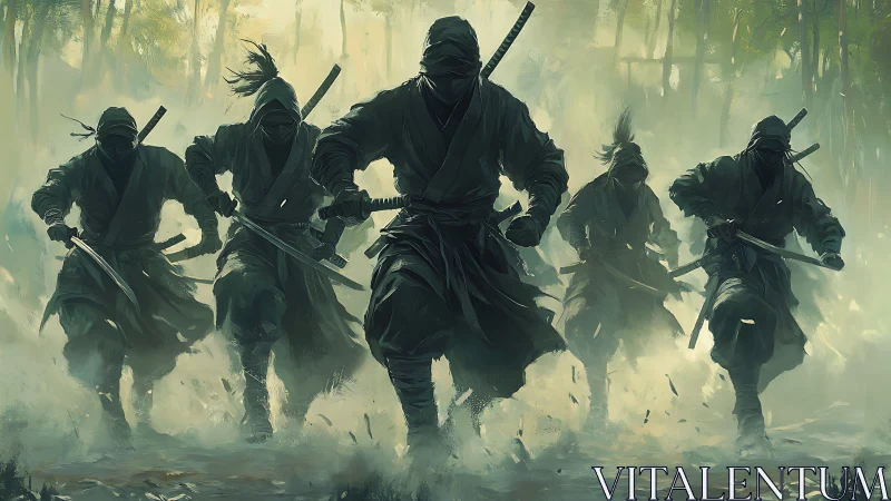 Masked ninja warriors charge forward through misty forest.