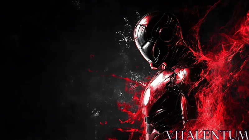 Crimson armor sentinel dissolving into electric nebulae.