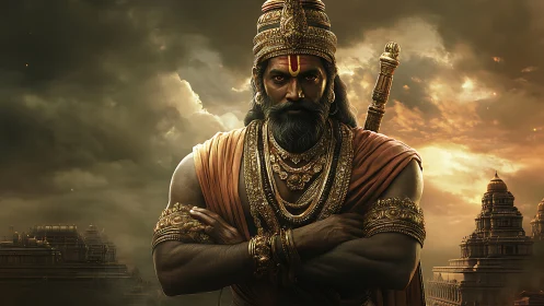 Warrior king in ornate armor stands before ancient temples.